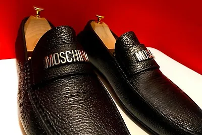 $699.00 Moschino Men Luxury Black Silver Logo Leather Loafer Shoes Mark Size 45 • $289