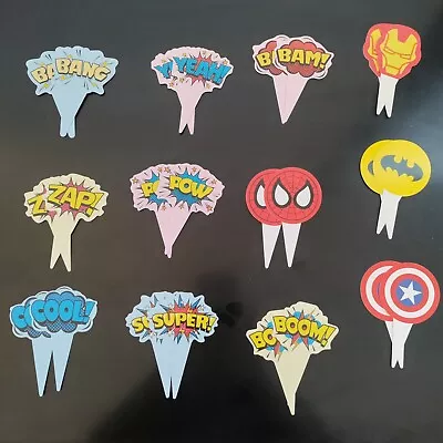 48-Piece Superhero Cupcake Topper Pics Wrapper Set Comic Birthday Party Supplies • $11.75