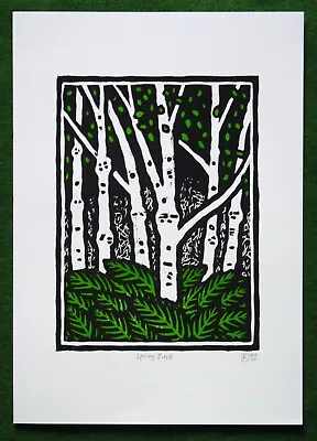 £11.49 • Buy Spring Birch Tree Hand Printed Lino Cut Print. 2 Colours. A4 Portrait