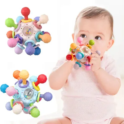 Silicone Teether Baby Sensory Toys 0-12 Months Rotating Rattle Ball Grasping Toy • £7.41