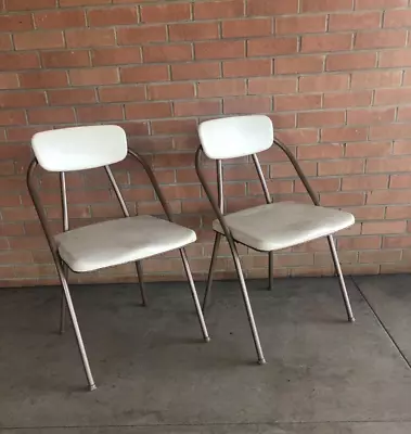 Vintage Pair Folding Chairs Mid Century Modern Atomic White Cosco RV Camping • $68