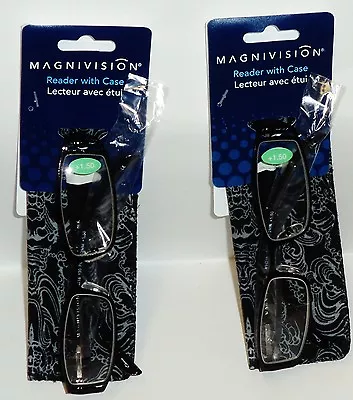 2 MAGNIVISION Reading Eye Glasses BLACK Design Plastic Frames Cloth Case +1.50 • $10.99