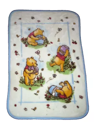 Classic Winnie The Pooh Hunny Pot Honey Bees Cream Blue Trim Plush Baby Blanket • $39.56