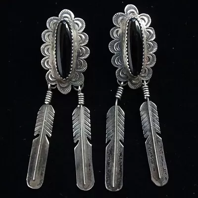 Vintage Navajo Long Black Onyx Feather Dangle Pierced Earrings Stamp Decoration • $165