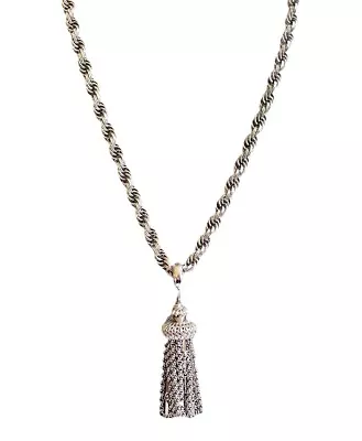 Vintage MONET Damita Tassel Necklace Rhodium Pl. Long Chunky Rope Chain 60s B12 • $69.95