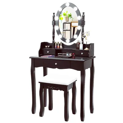 Makeup Vanity Dress Table Set W/10 Dimmable Bulbs And Touch Switch Brown • $159.99