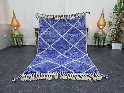 Moroccan Handmade Beni Ourain Rug 4'x6'1'' Berber Geometric White Blue Rug • $333