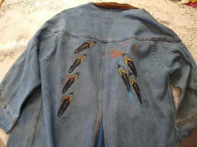 VTG Denim Duster Coat Native American Sunbelt Sportswear Feathers Eagle M/L • $45.99