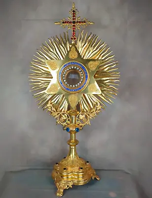 RARE 1900's RELIGIOUS CHURCH ALTAR MONSTRANCE Brass Gold And Enamel • $4400