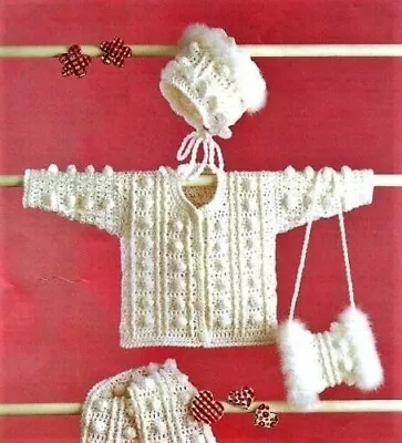 BABY Crochet Pattern For Bobble  Jacket Bonnet Scarf And Muff Aran 18/22in  • £1.89