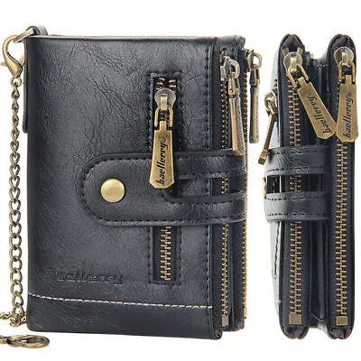 Mens Leather Bifold Wallet Double Zipper Coin Pocket With Anti-Theft Chain Purse • $11.55