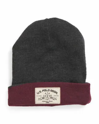 US POLO ASSN Reversible Stripe Cuffed Maroon Gray Navy Beanie Hat Beanie NWT $24 • $11.55