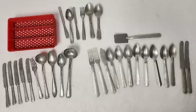 30 Vintage Made In USA & Germany Aluminum Childs Toy Flatware Utensils W/ Basket • $10.01