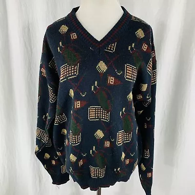 Vintage 90s Munsingwear Gold Print Design Black Acrylic V-Neck Sweater Sz Large • $25