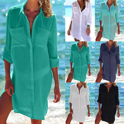 £11.99 • Buy Women Baggy Bikini Beach Cover Up Shirt Button Long Sleeve Tops Plus Size 8-18