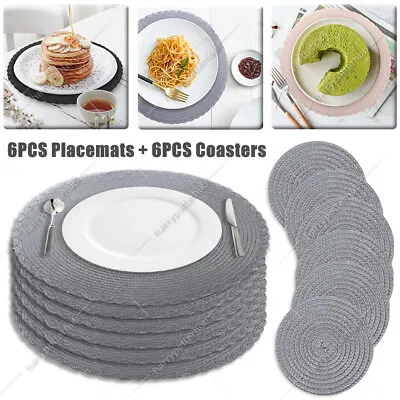 Set Of 12 Round 6 Placemats 6 Coasters Dining Table Place Mats Non Slip Washable • £10.99