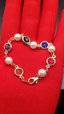 Multi Color Petite Bracelet Gold Tone Mother Grandmother Faux Pearl Birthstones • $11.99