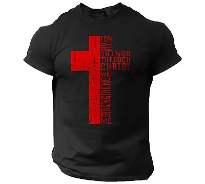 Bible Religious Cross T-Shirt Christian Men Faith Vintage Style I Can Do All • $14.90