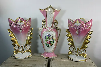 Antique Set 3 Vieux Paris Porcelain Pink Floral Vases  • $595