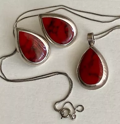 Vintage Sterling Silver Red Black Jewelry Set 925 Earrings Pendant Necklace 8.2g • $55