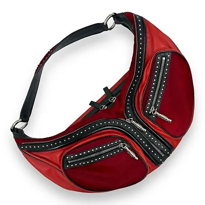 VERSACE Rare Y2K Vintage Red Calf Hair Studded Hobo Shoulder Bag Handbag • $750