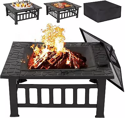 32  Fire Pit Square Metal Firepit Backyard Stove Wood Burning With Cover Outdoor • $64.58