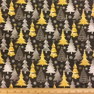 BTY Grey Gold With Metallic Christmas Tree Snowflake Cotton Fabric By The YARD • $9.25