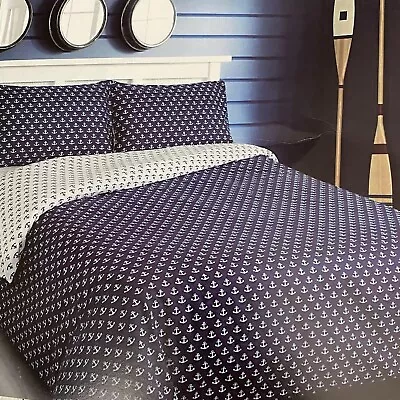 £22.99 • Buy Nautical Navy King Size Duvet Cover Set 100% Cotton Beach House Anchor Seaside
