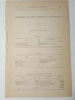 1909 Document HOMESTEAD MIFFLIN STREET RAILWAY Electric Trolley Streetcar PA RR • £6.71