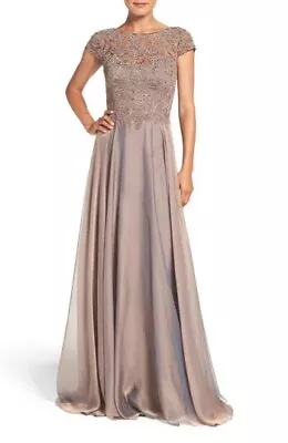 New LA FEMME Floral Embroidery Lace & Satin A-Line Gown In Cocoa Sz 8 $460 • $111.20