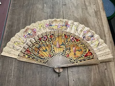 Antique Hand Painted Scene Hand Fan Wood Handle • $0.99