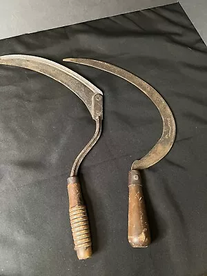 (2) Vintage Antique Farm Hand Sickle With Wood Handles Scythes Grass Home Decor • $26