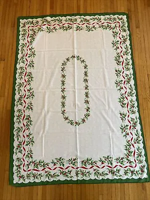 Vintage Tablecloth Christmas Holiday Red Ribbon Green Holly 36  X 50  • $14.99