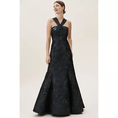 Aidan Mattox Brook Brocade Halter Mermaid Gown Worn Once BHLDN Size 6 Navy.  • $130