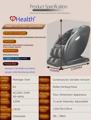 $2650 • Buy IHealth S5 Black Massage Chair Zero Gravity 8D Office Home Cushion Full Body New
