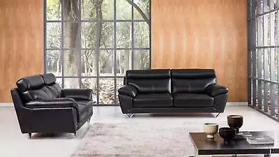 2PC Black Modern Contemporary Top Grain Leather Sofa Loveseat Set • $3499