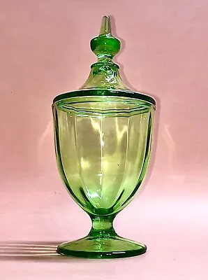 Vintage Green Glass Footed Apothecary Jar With Stylized Lid • $68