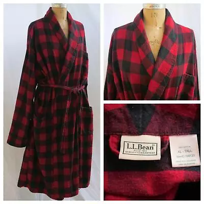 LL BEAN Cotton Flannel Red Plaid Dressing Gown Mens Lounge Robe XL Tall EUC • $39.95