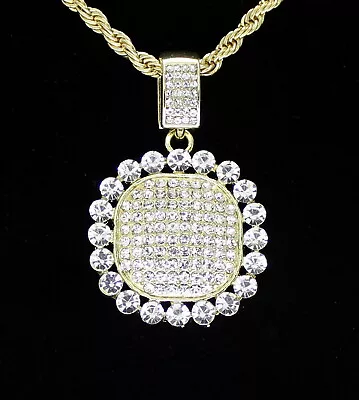 Men's Iced Medallion CZ Pendant 24  Rope Chain 14k Gold Plated Hip Hop Jewelry • $9.49