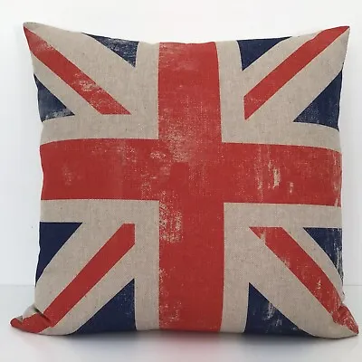 Union Jack British Flag Cushion Cover Vintage Linen Look Fabric Red Blue 16  • £10.50