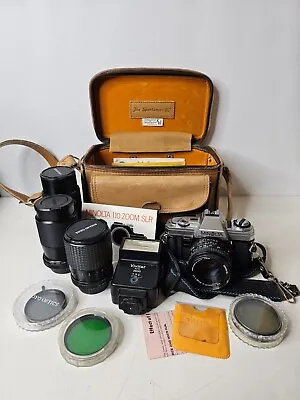 MINOLTA X-370 35mm CAMERA W/ Flash Lenses Filters SPORTSMAN 502 Leather Bag • $174.99