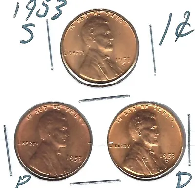 1953-D+P+S Brilliant Uncirculated Copper One Cent Coins! • $5.95