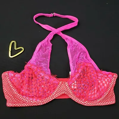 NWT Victoria's Secrets Women's Red Hot Pink Fish Net Unlined Halter Bra 34 D • £19.92