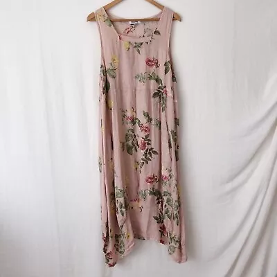 HELGA MAY Made In Italy Linen Pink Floral Rose Tunic Midi Dress Size OSFM M-L • $54