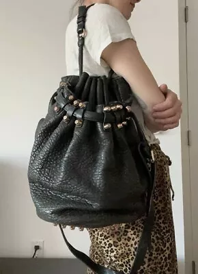 ALEXANDER WANG Pebbled Lambskin Diego Bucket Bag Black Rose Gold Studs Hardware • $669