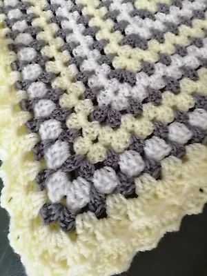 New Handmade Crochet Baby  Pram/Crib/Car Multi Blanket Lemon/White/ Grey.L@@k! • £19.95