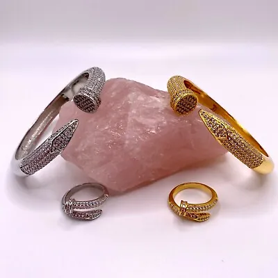 18K Gold Plated Nail Shape Cubic Zirconia Bracelet Ring • $59.99