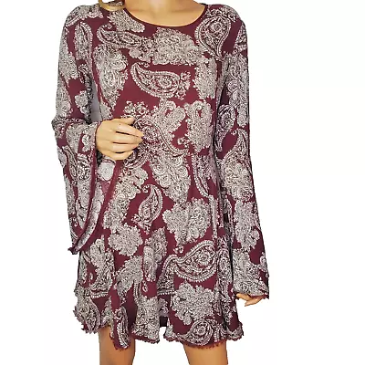 Ecote' Purple Paisley Mini Dress Bell Sleeve Distressed Romantic Coquette Size 4 • $19.98