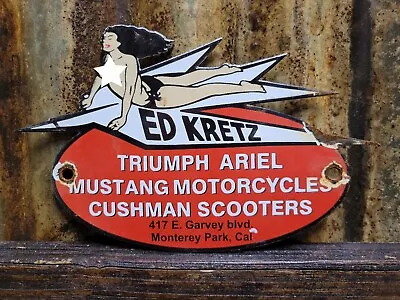 Vintage Porcelain Sign Ed Kretz Dealer Mustang Motorcycle Ariel Bike Cushman • $180.63