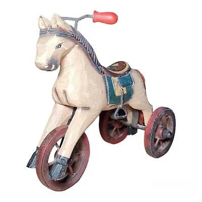 Folk Art Carved Wooden Horse Tricycle Painted Wheels Decor Great Gift Idea • $20.99